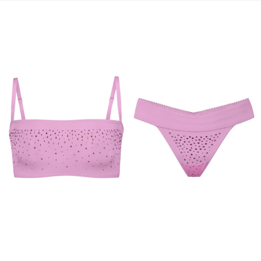 Skims Limited Edition Jelly Sheer Rhinestone Straight Neck Bralette & Thong Set